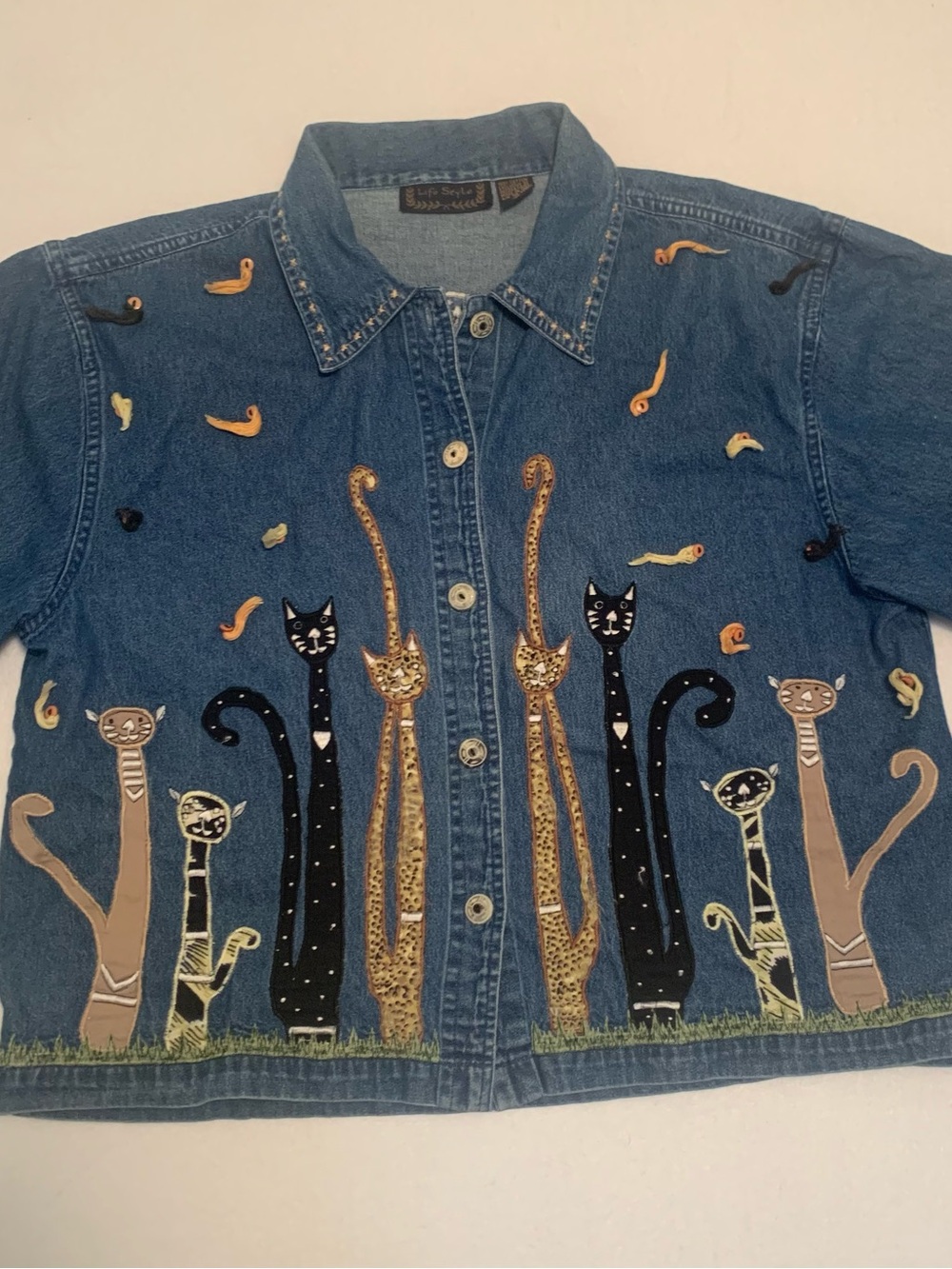 Vintage Life Style Whimsical Cat Denim Jacket Ladies Size XL Y2K Grannycore